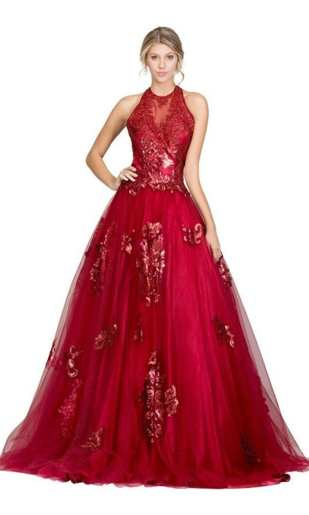A woman stands against a plain white background wearing the Chicas DR7008 High-Neck Long Prom Ball Gown—a sleeveless, floor-length red formal dress with floral sequin embellishments and a sheer halter neckline.